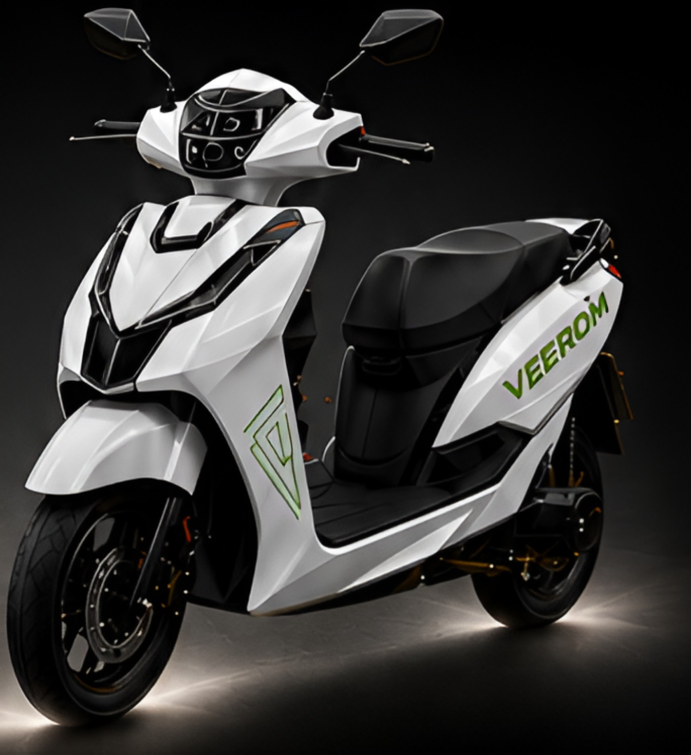 White Veerom electric scooter in a dark studio